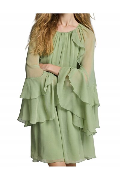 NO BRAND Rochie mini cu volane, verde deschis, cu imperfecțiuni, cu mânecă lu...