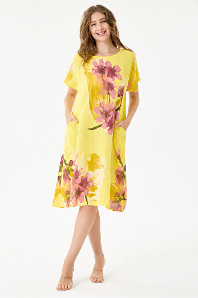 della moor Yellow Italian Floral and Batik Patterned Dress with Double Side P...
