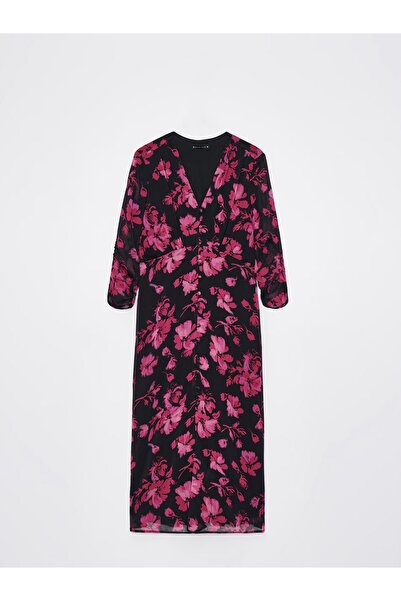 NO BRAND Rochie midi din șifon cu imprimeu negru-roz, mânecă 3/4, Mohito 36