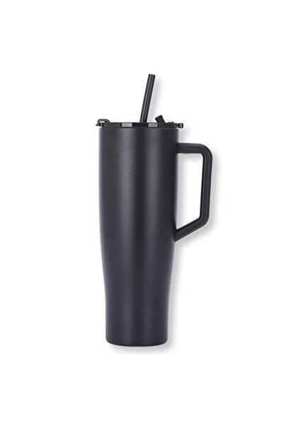 NO BRAND Cană termoizolantă neagră de 1200ml cu mâner și pai, fără BPA, menți...