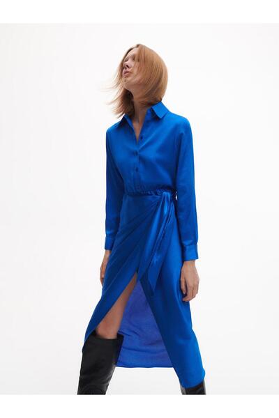 NO BRAND Rochie cămașă albastră midi, drapată, asimetrică, cu mânecă lungă, L