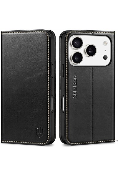 NO BRAND Shieldon Husă din Piele Naturală iPhone 17 Pro RFID Flip Retro Negru