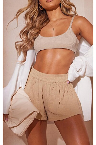 NO BRAND Pantaloni scurți bej, talie elastică, din bumbac, Prettylittlething 38