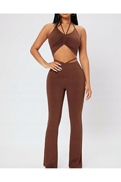 NO BRAND Set pantaloni crop top maro Shein m