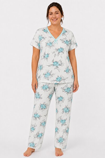 CottonVia Mother's Pajama Set, Ribbed V-Neck, Short Sleeves, 100% Combed Cott...