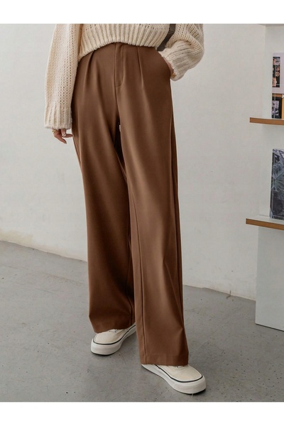 NO BRAND Pantaloni lungi drepți clasici maro, cu croială lejeră și buzunare, ...