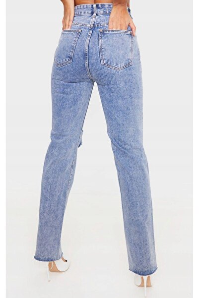 NO BRAND Pantaloni din denim cu buzunare, fermoar, talie înaltă, nasture, Pre...