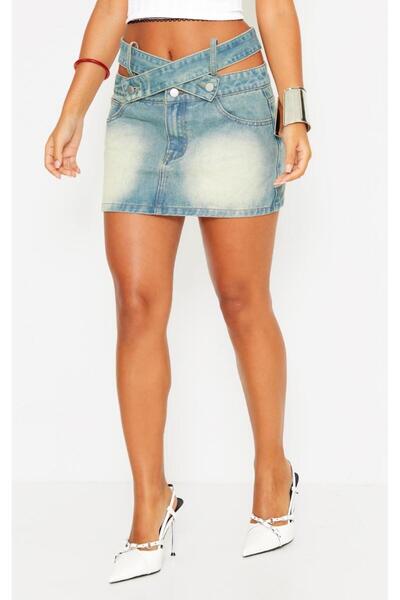 NO BRAND Fustă din denim albastru, clasică, cu fermoar și nasturi, Prettylitt...