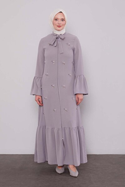Levidor Gray Scarf Detailed Embroidered Robe