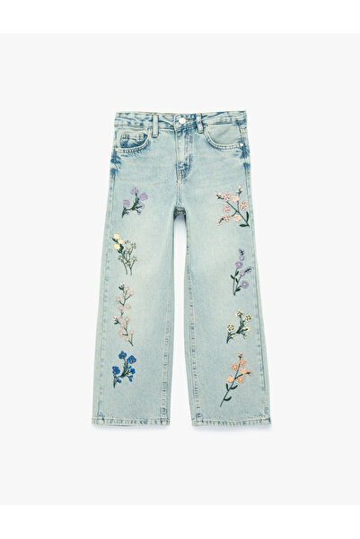 Koton Pantaloni din denim cu picior larg, din bumbac, cu broderie florală