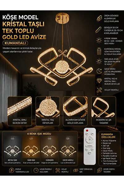 Genel Markalar Köşe Model Kristal Taşlı Tek Toplu Gold LED Avize - 4 Renk Ayd...