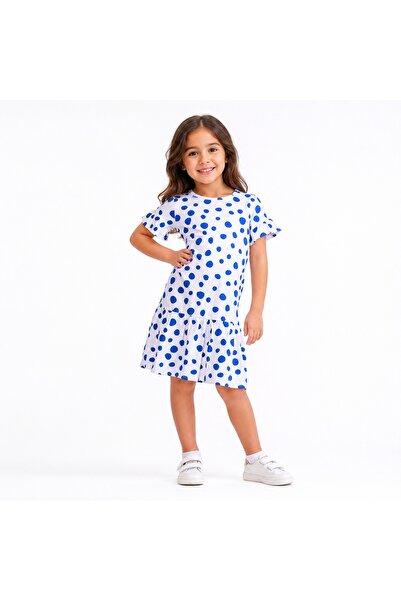 PALM PEANUTS Girls White & Blue Polka Dot Cotton Dress | Casual Short Sleeve ...