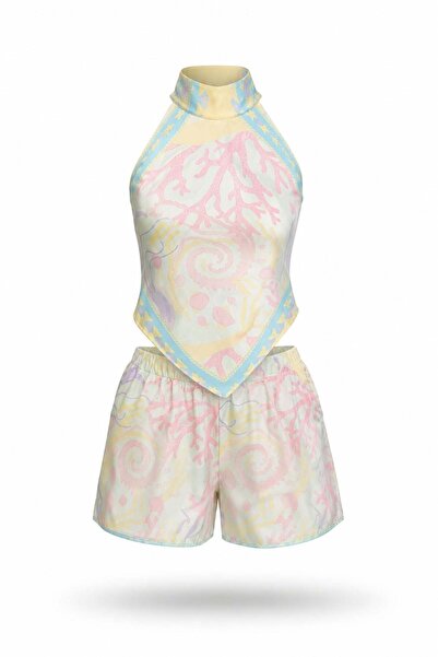 5in1Canpolat Pembe Desenli Halter Yaka Bluz Şort Takım 5663