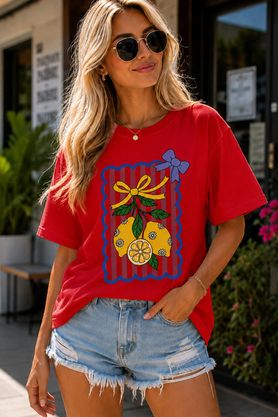 ArtYus Lemon Pattern Printed Crew Neck Casual Unisex Oversize T-Shirt - Cotto...