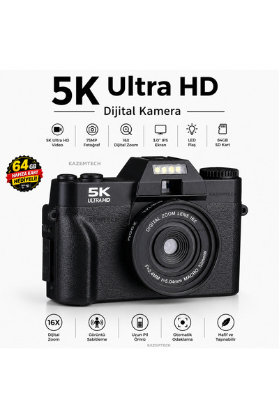Dijital Kamera 5K Ultra HD Vlog Kamerası Güçlendirilmiş Lens 75MP 16X Zoom Flaşlı (64GB) Kart Çift Bataryalı Fotoğraf Makinesi