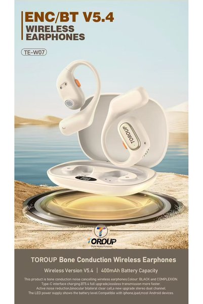 Toroup Căști wireless TE-W07 cu prindere pe ureche, Bluetooth 5.4, ENC cu două microfoane, Audio de înaltă rezoluție, Carcasă de încărcare de 400mAh, Până la 6 ore de autonomie, USB-C, Negru/Alb