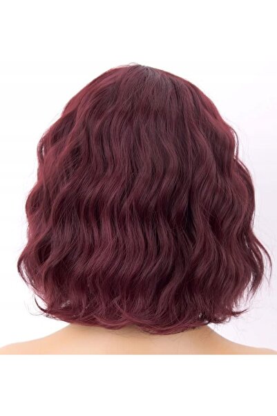 NO BRAND Perucă sintetică, păr scurt creț, 25 cm, bordo, pentru femei