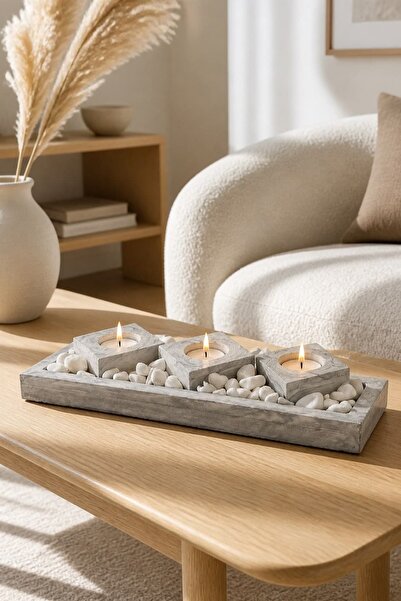 Hikwo Tepsi ve Tealight Mumluk Dekoratif Hediyelik Set - Dolamit Taşlı - Gri