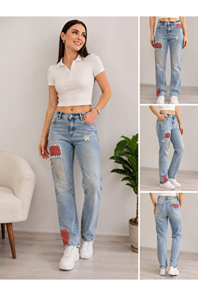 Daisy Kadın Açık Mavi Taş İşlemeli Patch Detaylı Kadın Jean Pantolon