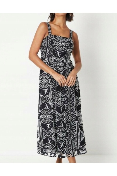 NO BRAND Rochie neagră midi cu bretele, broderie albă, Dorothy Perkins 42