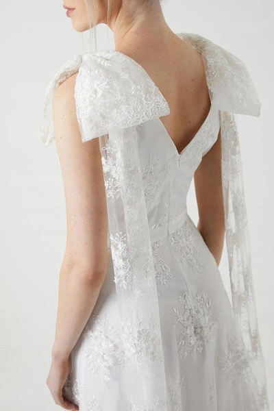 NO BRAND Rochie maxi albă, evazată, cu broderie fundă și flori, din plasă, mă...