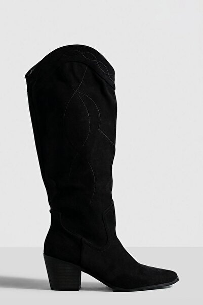 NO BRAND Cizme cowboy negre peste genunchi din piele ecologică brodate Boohoo 39