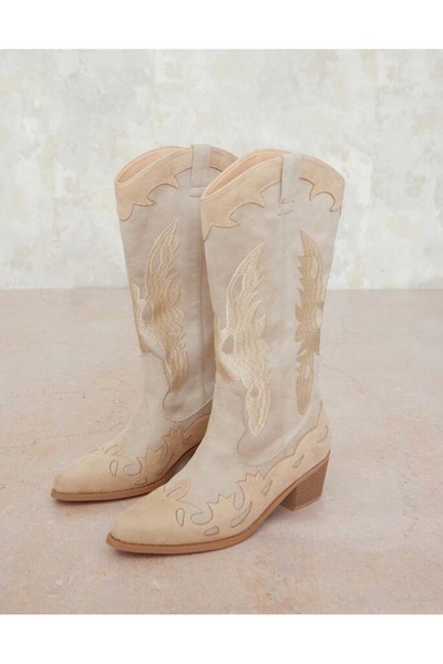 NO BRAND Cizme cowboy bej din piele întoarsă, cu vârf ascuțit și toc gros, Pr...