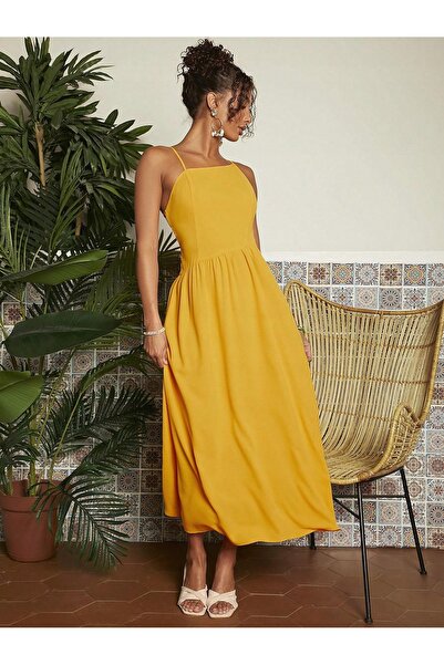 NO BRAND Rochie midaxi galbenă asimetrică fără bretele Shein 36
