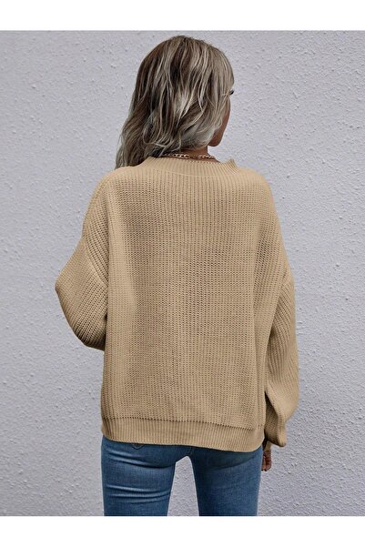 NO BRAND Pulover bej tricotat oversize cu mâneci lungi și guler rotund Shein 36