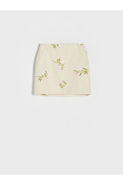 NO BRAND Fustă mini crem, cu broderie florală texturată, croială dreaptă, XS
