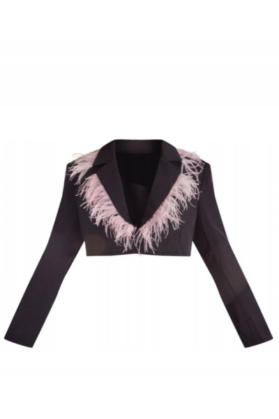 NO BRAND BLAZER CLASIC NEGRU CU DECOR DE PENE MÂNECI LUNGI PRETTYLITTLETHING 38
