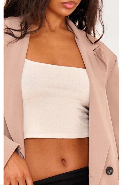 NO BRAND Blazer bej cu un singur rând de nasturi, mâneci lungi, guler, Pretty...