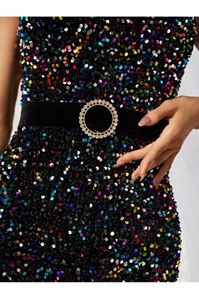 NO BRAND Rochie maxi neagră din catifea, mulată, cu paiete colorate Giffniseti S