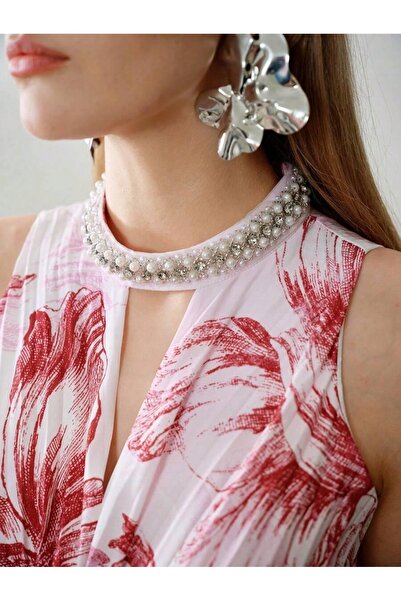 NO BRAND Rochie lungă fără mâneci, plisată, cu mărgele, design floral, Shein S