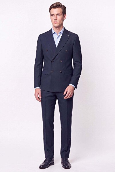 Efor Slim Fit Double Slit 95% Cotton Narrow Striped Navy Blue Double Breasted...