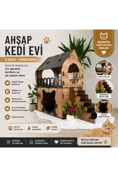 Genel Markalar 2 Katlı Ahşap Kedi Evi