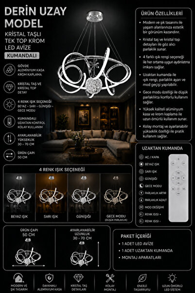 mubeda aydınlatma Derin Uzay Model Kristal Taşlı Tek Toplu Krom LED Avize - 4...