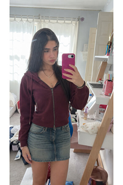 Yukatay Bordo Crop Top Kalın Kumaş 3 İplikli Kapüşonlu Crop Hırka-YUKATAY