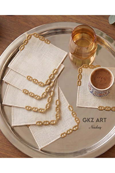 gkzglass home dekor 6 Adet Keten Kumaş Üzeri Nakışlı Kahve Yanı Kokteyl Peçet...