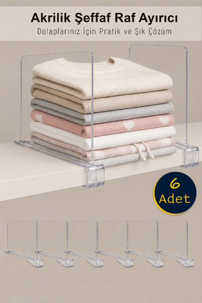6 Adet Çok Amaçlı Şeffaf Akrilik Dolap Raf Ayırıcı | Çanta Raf Düzenleyici Set |20x30 cm