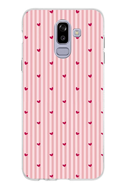 TechTree Samsung Galaxy J8-A6 Plus Uyumlu Pembe Çizgili ve Mini Kalp Baskılı ...