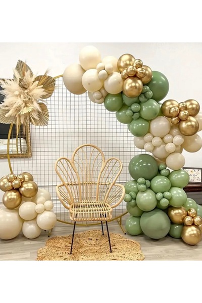 Çemrek Süs Parti Eucalyptus Green Retro White Gold Chrome Balloon Chain Set o...