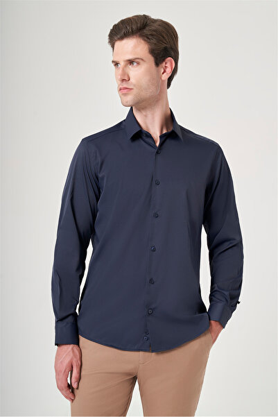 İmza Navy Blue Hard Collar Long Sleeve Pocketless Slim Fit Flexible Water Rep...