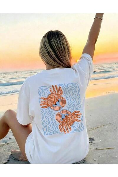 LELVANİ Women's Double Orange Crab Printed Oversize Crewneck T-Shirt