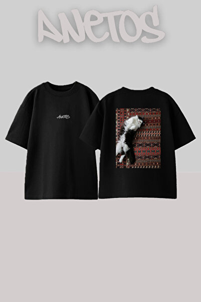 Anetos Black White Cat Design Back Printed Cotton Black Oversize T-Shirt