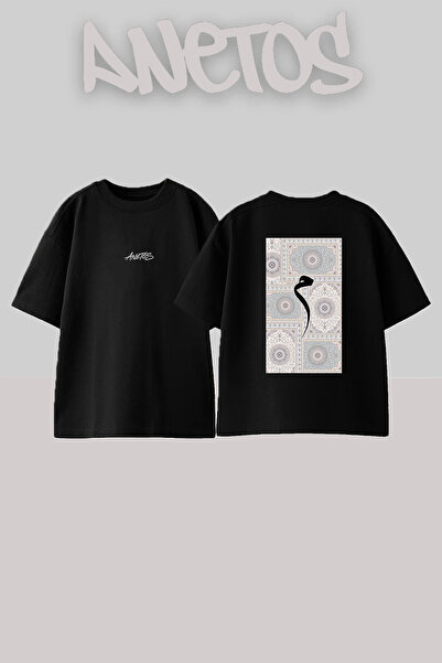 Anetos Calligraphy Mim Design Back Printed Cotton Black Oversize T-Shirt
