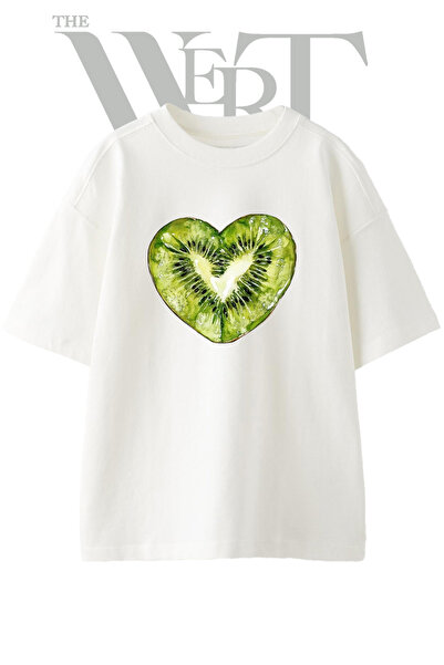 THEWERT Kiwi Heart Design Printed Unisex White Oversize T-Shirt
