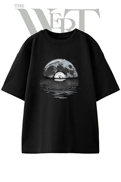 THEWERT Moon Vinyl Design Printed Unisex Black Oversize T-Shirt