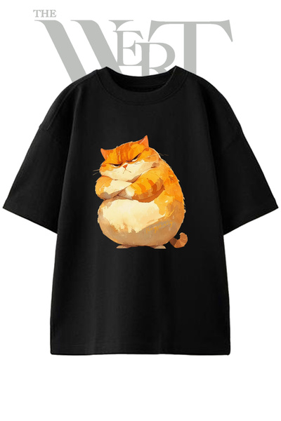THEWERT Chubby Grumpy Cat Design Printed Unisex Black Oversize T-Shirt