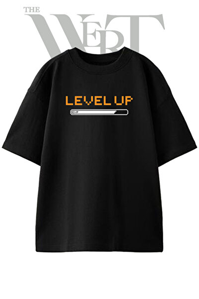 THEWERT تي شيرت أسود كبير الحجم مطبوع بتصميم Level Up Design للجنسين